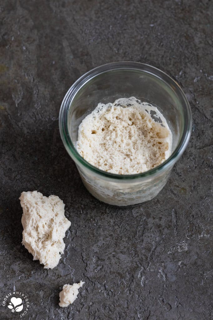 Pasta Madre in einem Glas mit sichtbarer Lockerung und Struktur des Sauerteigs Glas