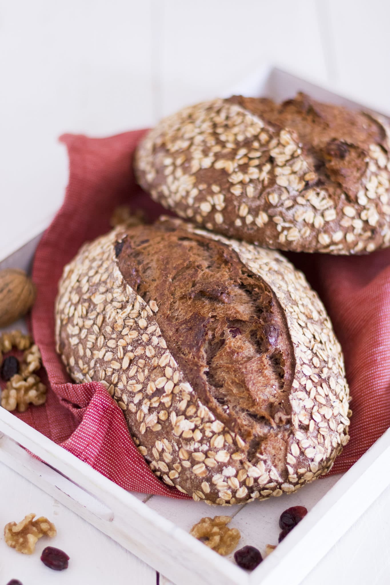 Cranberry-Walnuss-Brot in einer Holzkiste mit Walnüssen und Cranberries