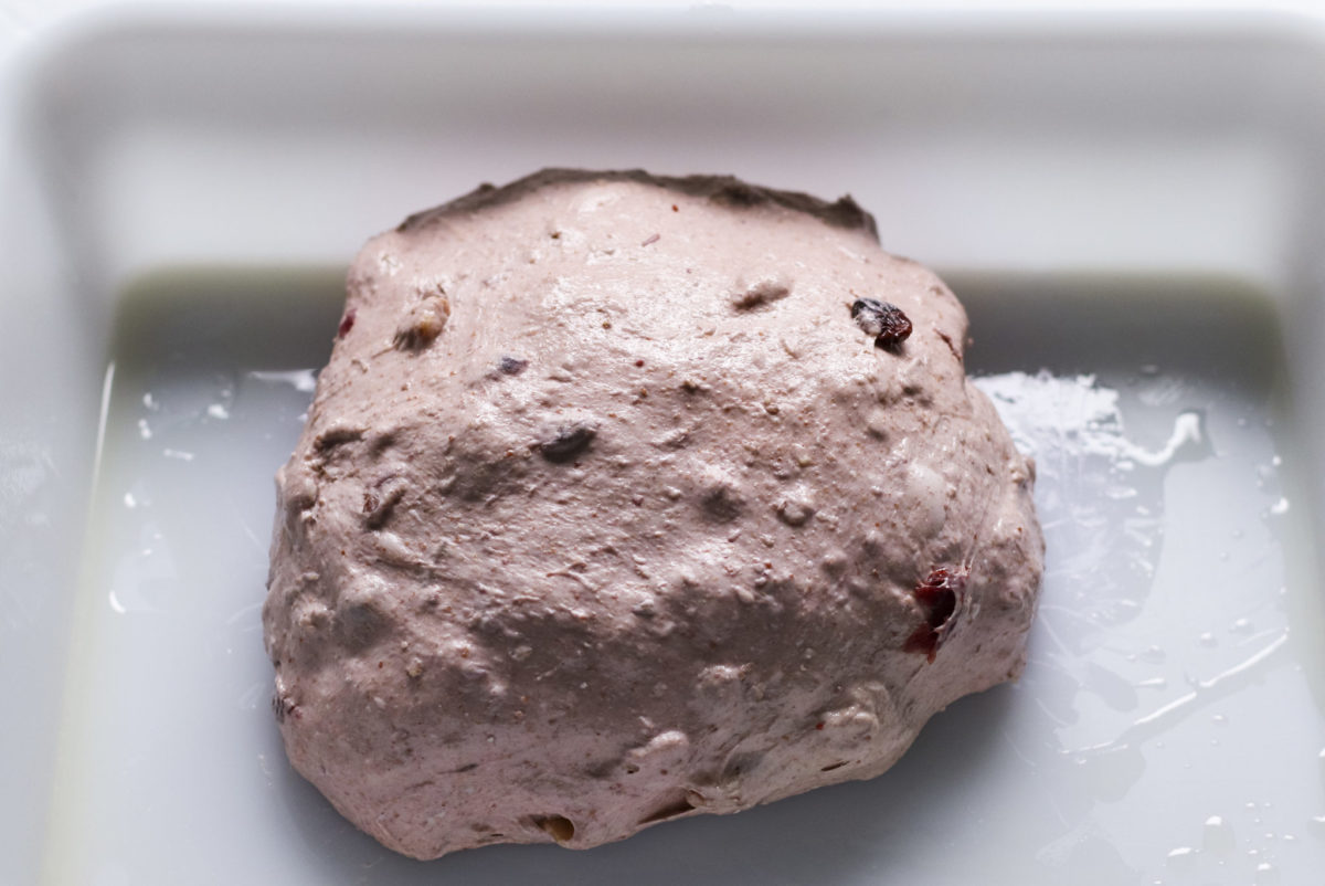 Teig für Cranberry-Walnuss-Brot in einer Teigwanne