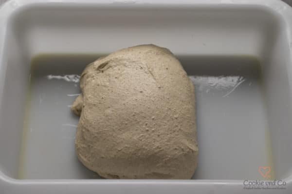 Teig für die Kornkruste in der Teigwanne nach dem Falten.