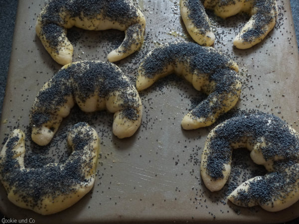 Mohnhörnchen vor dem Backen auf einem Backblech
