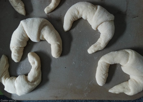 Mohnhörnchen vor dem Backen auf einem Backblech