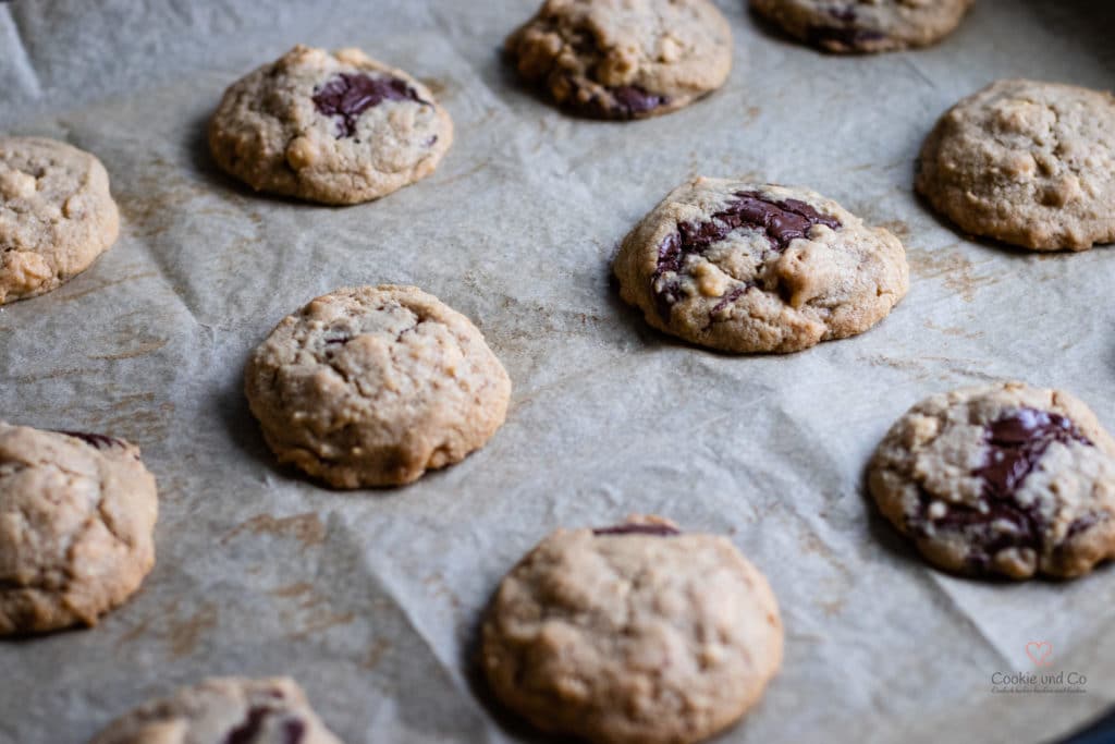 Chocolate Chip Nut Cookies deluxe (Schoko-Nuss-Cookies) nach dem backen auf einem Backblech