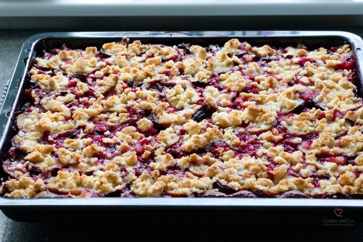 Pflaumenkuchen aus Quark-Öl-Teig auf einem Backblech nach dem Backen mit Streuseln