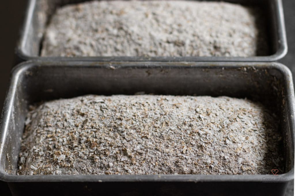 Brot aus Roggenschrot nach dem Gehen lassen in einer Kastenform