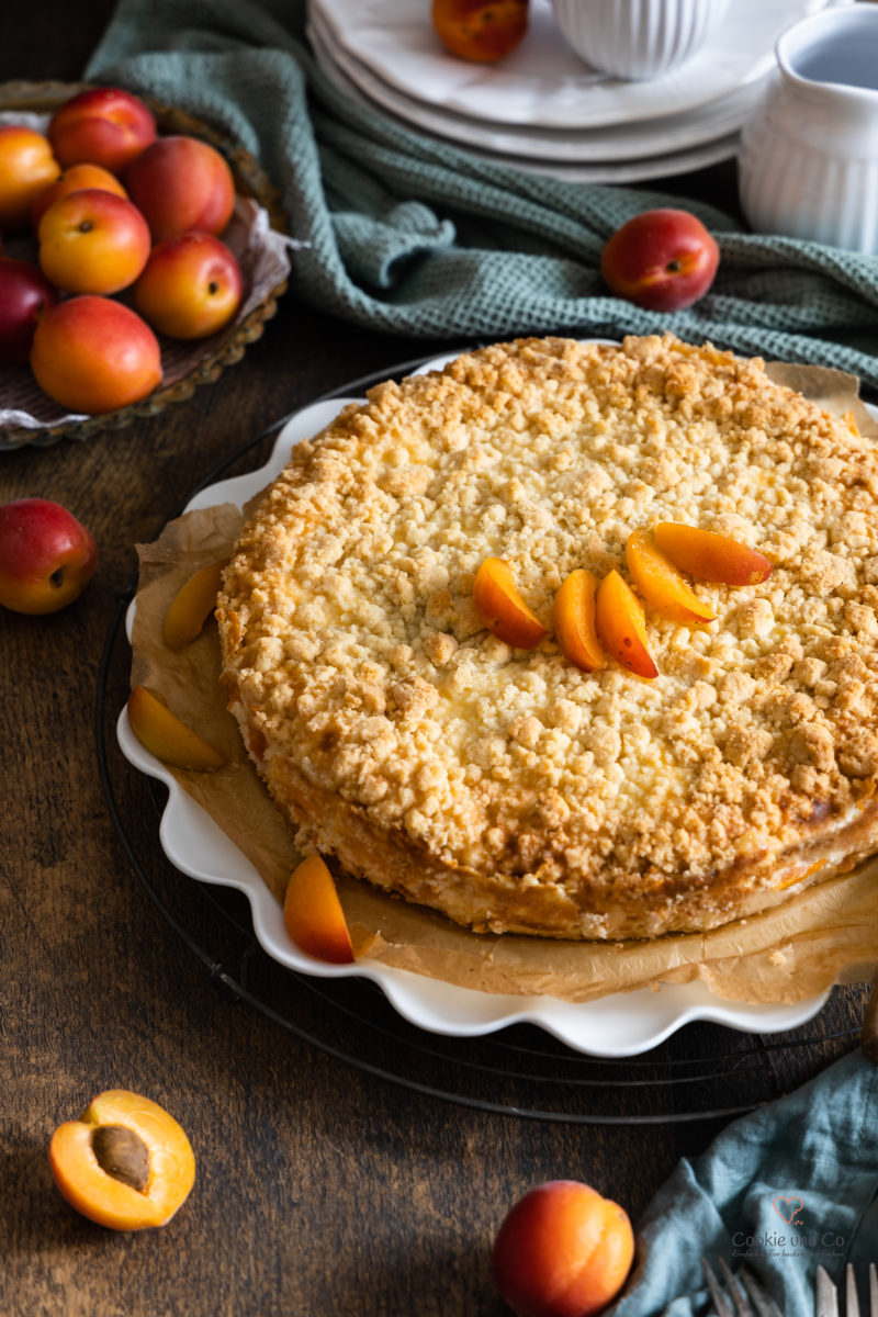 Käsekuchen mit Aprikosen und Streusel