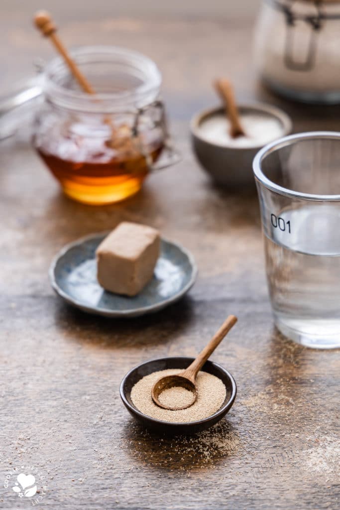 Alles über Hefe: frische Bäckerhefe und Trockenhefe in kleinen Schälchen mit einem Glas Wasser und Honig im Hintergrund. 