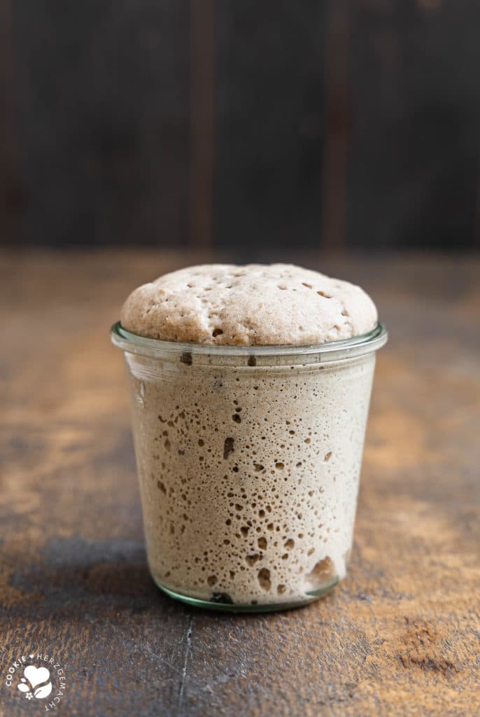 Reifer Sauerteig ein Vorteig mit Anstellgut und Roggenmehl in einem Einmachglas.