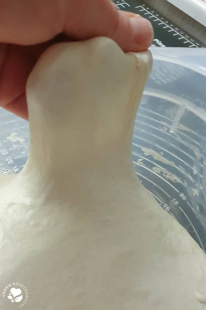 No Knead Teig nach 80 Minuten Reifezeit.